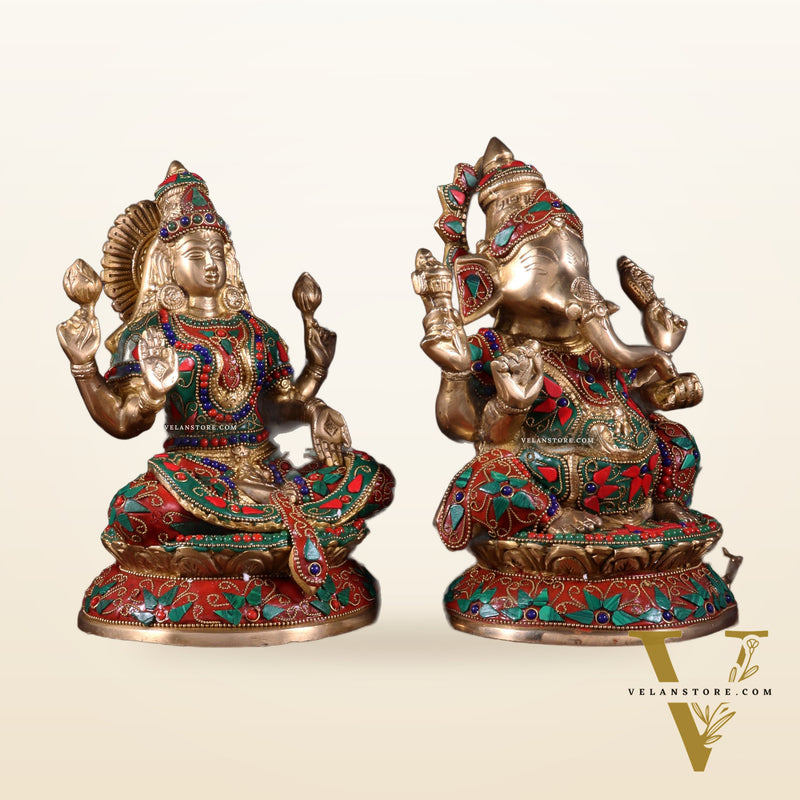 Pure Brass Ganesh Lakshmi Idol Pair – Intricate Floral Stonework 9.5 inch
