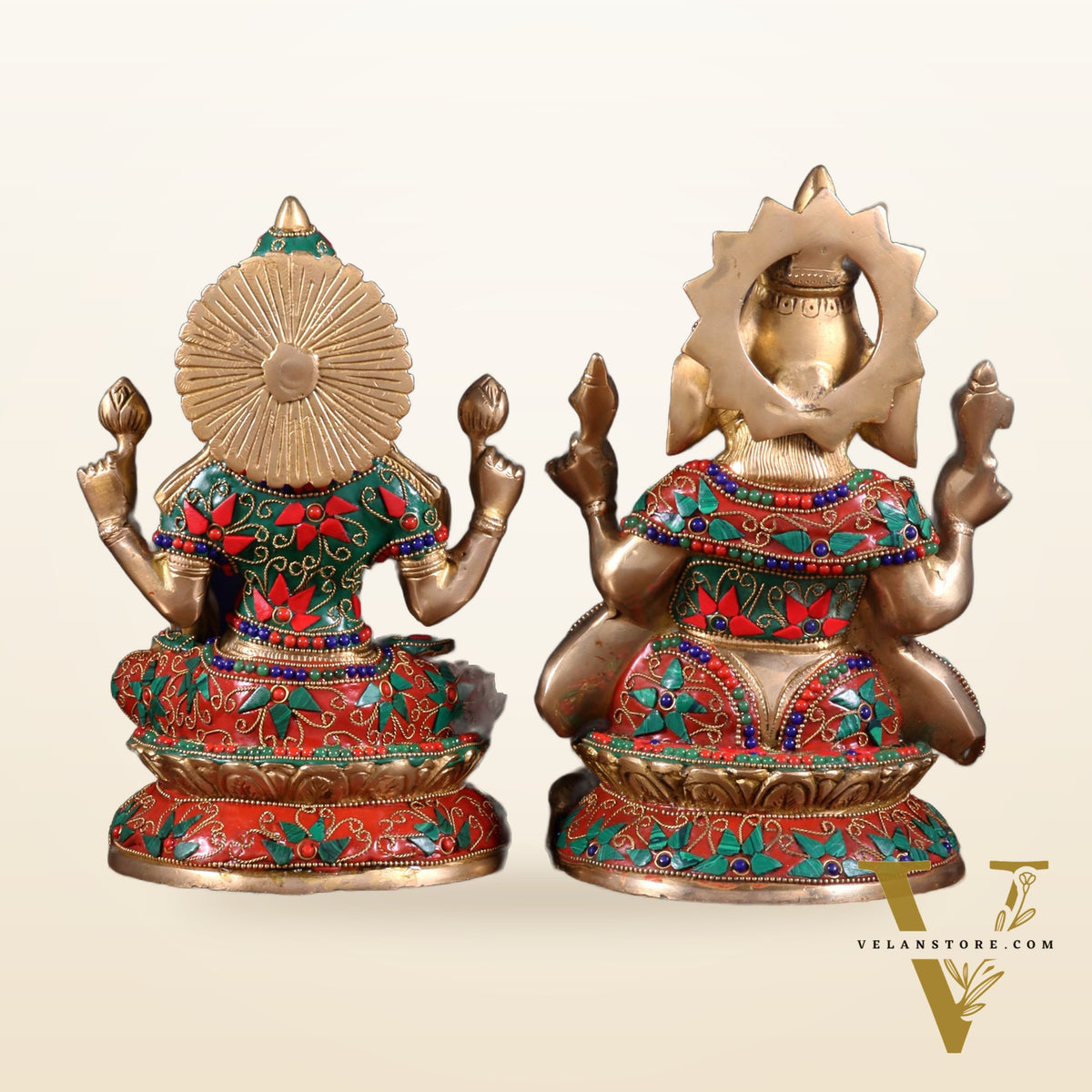 Pure Brass Ganesh Lakshmi Idol Pair – Intricate Floral Stonework 9.5 inch
