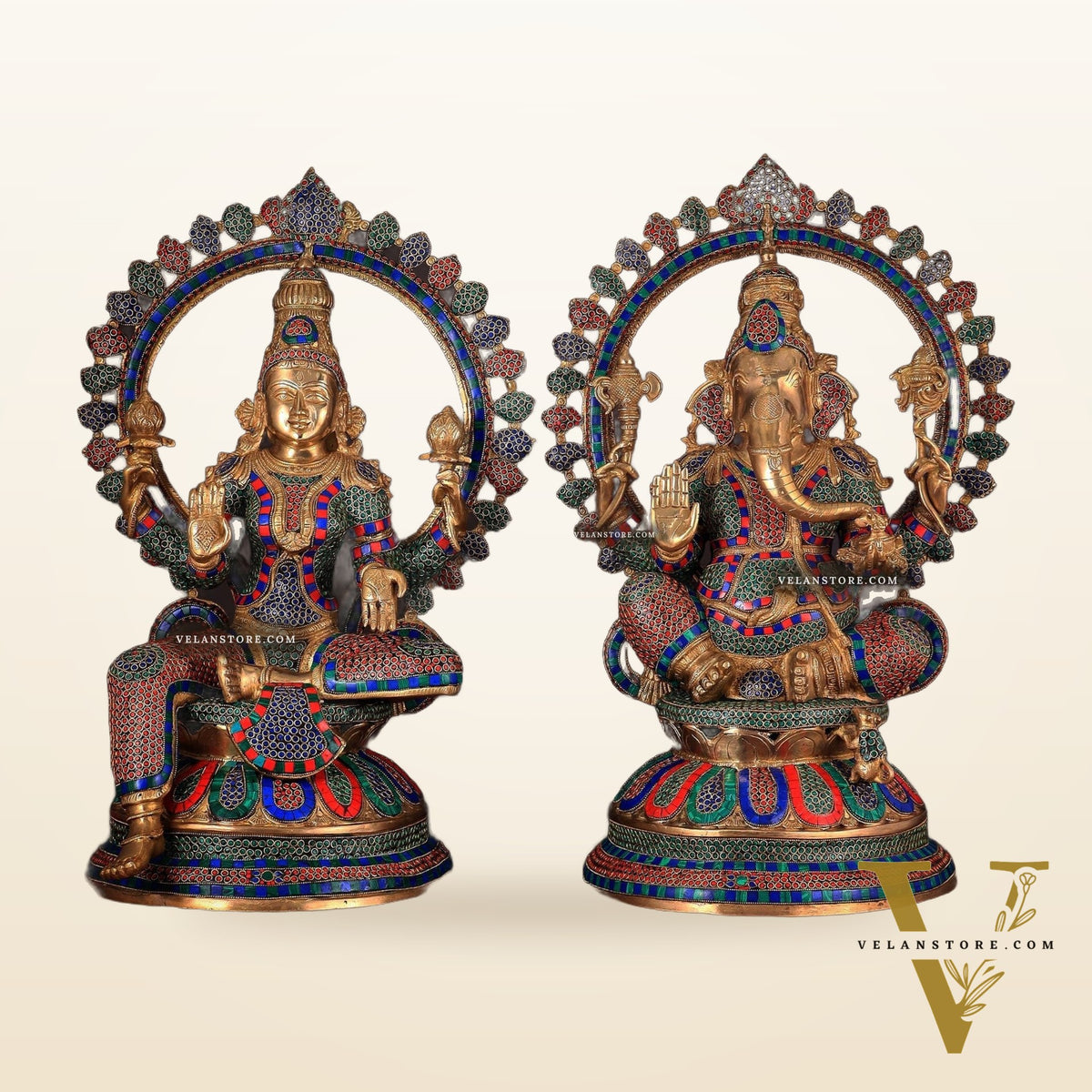 Pure Brass Ganesh Lakshmi Idol Pair with Meenakari Stonework – 27"