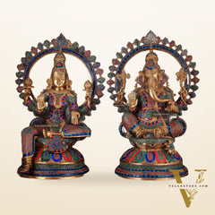 Pure Brass Ganesh Lakshmi Idol Pair with Meenakari Stonework – 27"