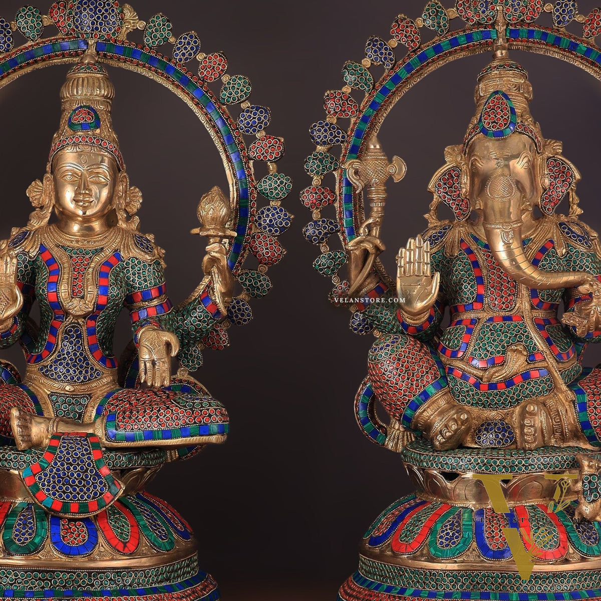 Pure Brass Ganesh Lakshmi Idol Pair with Meenakari Stonework – 27"