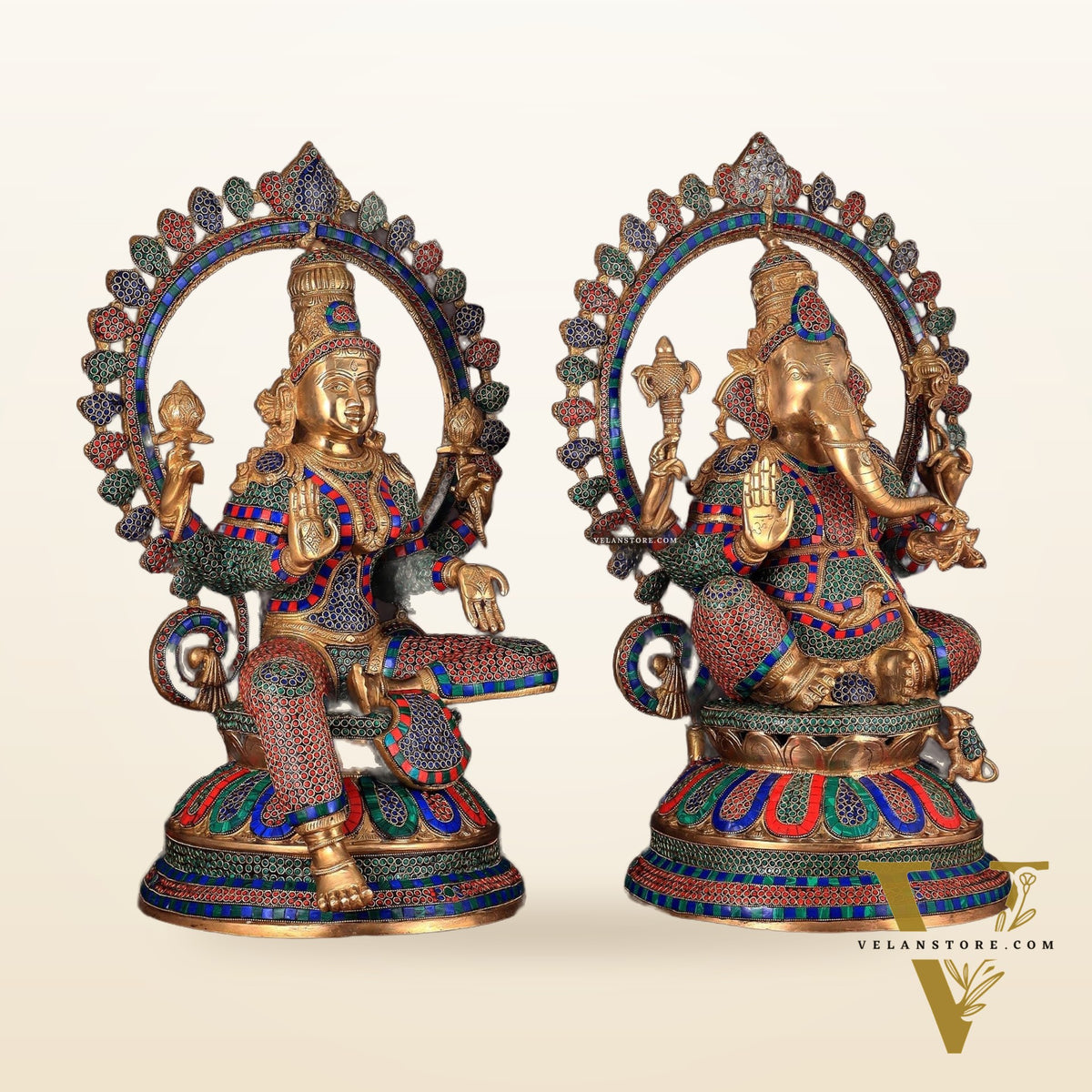 Pure Brass Ganesh Lakshmi Idol Pair with Meenakari Stonework – 27"