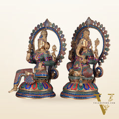 Pure Brass Ganesh Lakshmi Idol Pair with Meenakari Stonework – 27"