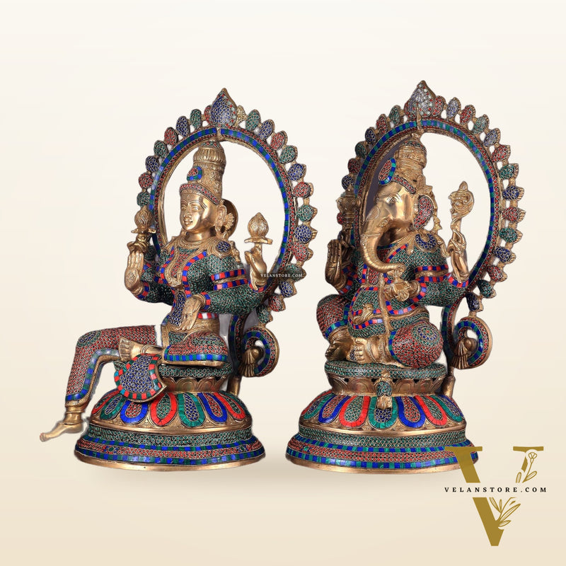 Pure Brass Ganesh Lakshmi Idol Pair with Meenakari Stonework – 27"