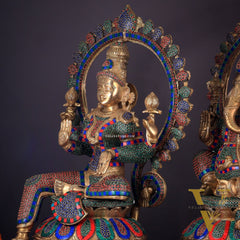Pure Brass Ganesh Lakshmi Idol Pair with Meenakari Stonework – 27"