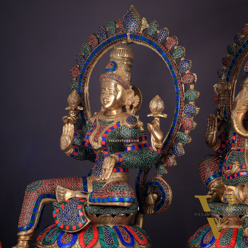 Pure Brass Ganesh Lakshmi Idol Pair with Meenakari Stonework – 27"
