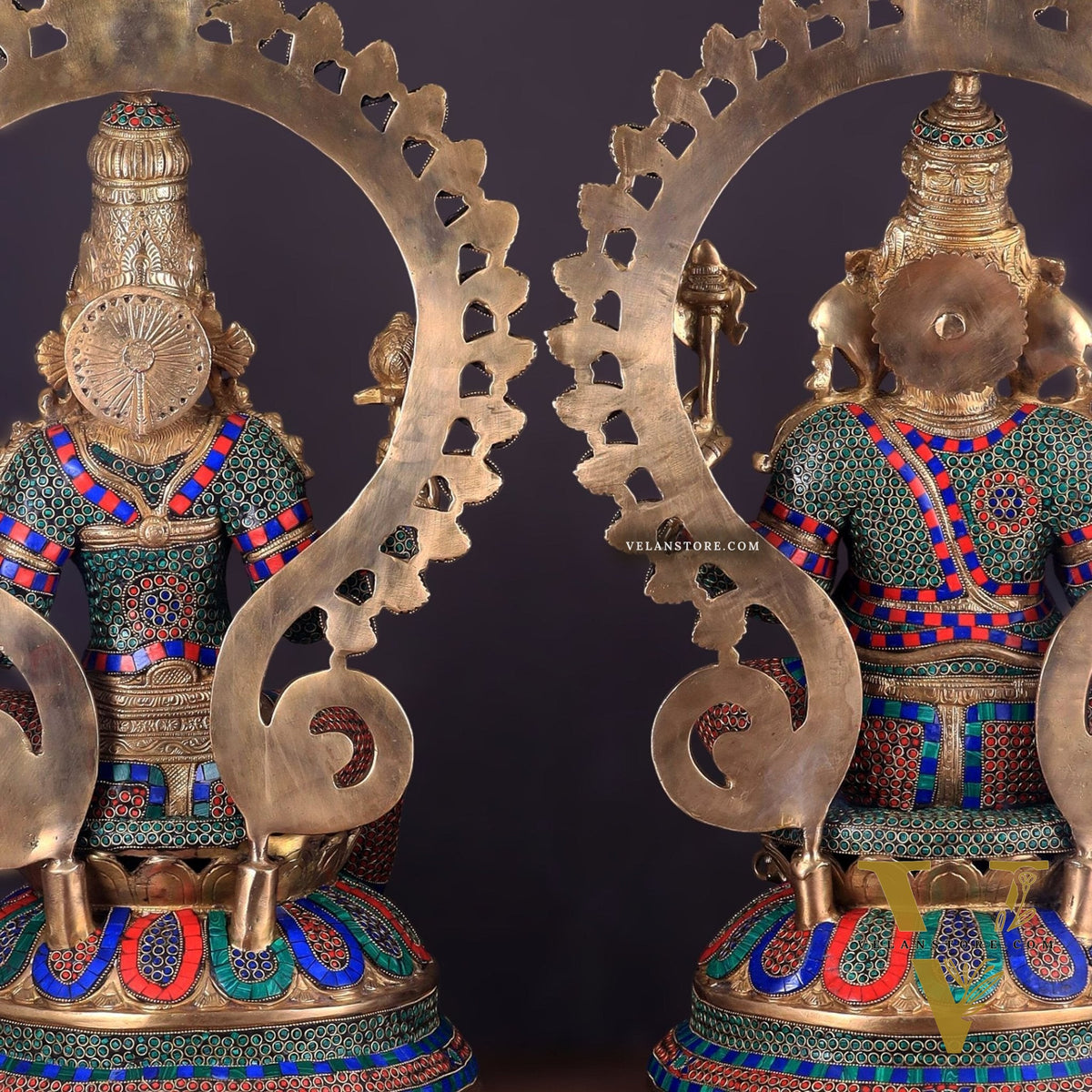 Pure Brass Ganesh Lakshmi Idol Pair with Meenakari Stonework – 27"