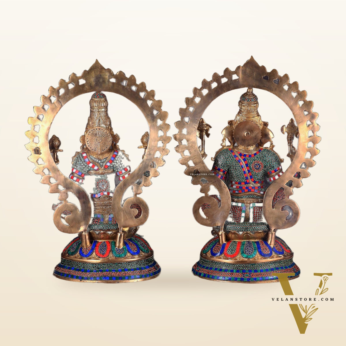 Pure Brass Ganesh Lakshmi Idol Pair with Meenakari Stonework – 27"