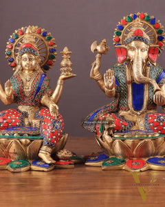Pure Brass Ganesh Lakshmi idols Pair | 12 Inch meenakari Stonework