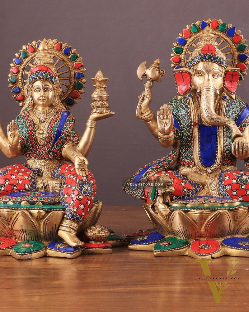 Pure Brass Ganesh Lakshmi idols Pair | 12 Inch meenakari Stonework