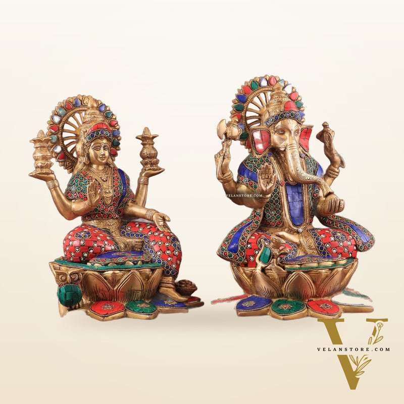 Pure Brass Ganesh Lakshmi idols Pair | 12 Inch meenakari Stonework