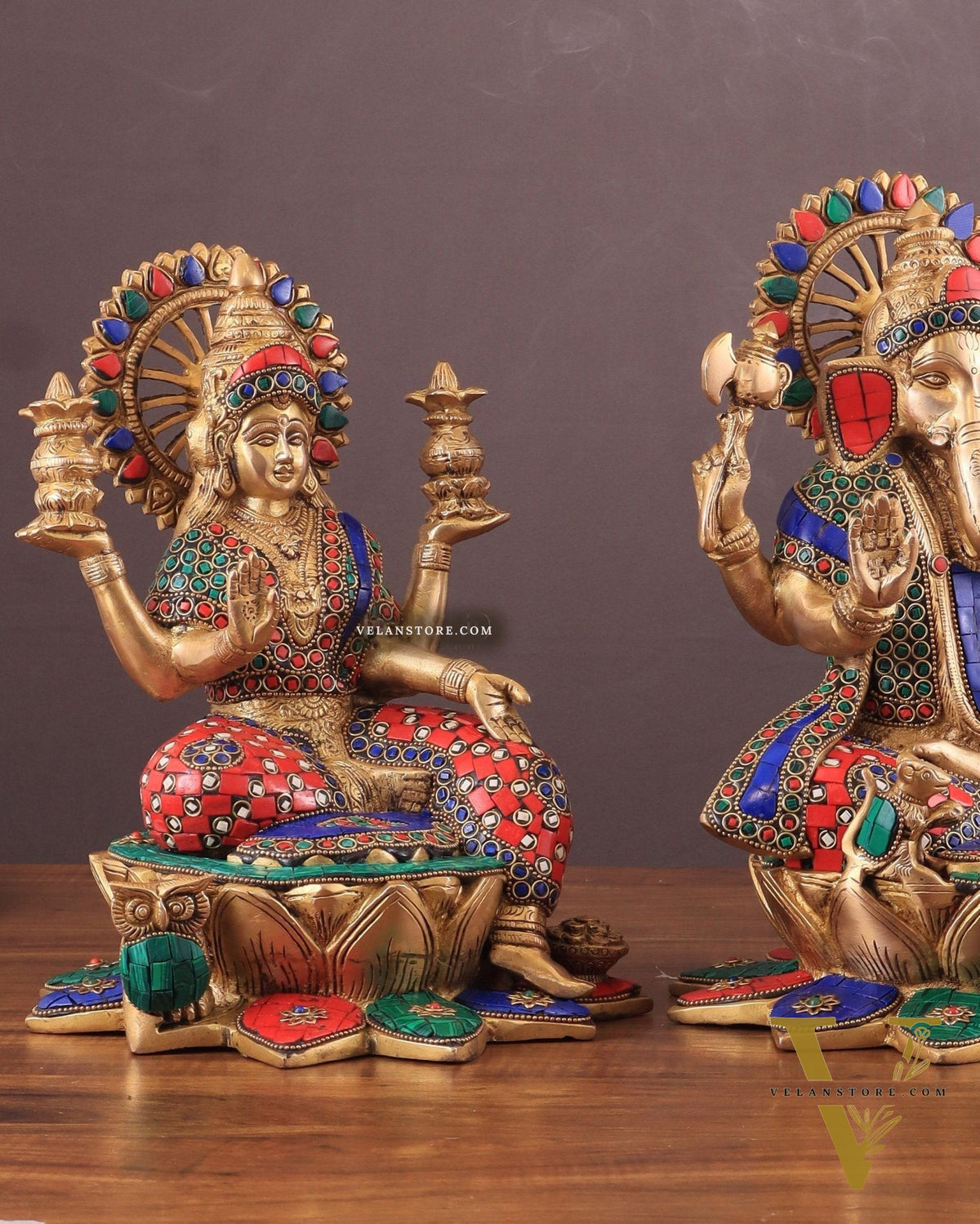 Pure Brass Ganesh Lakshmi idols Pair | 12 Inch meenakari Stonework