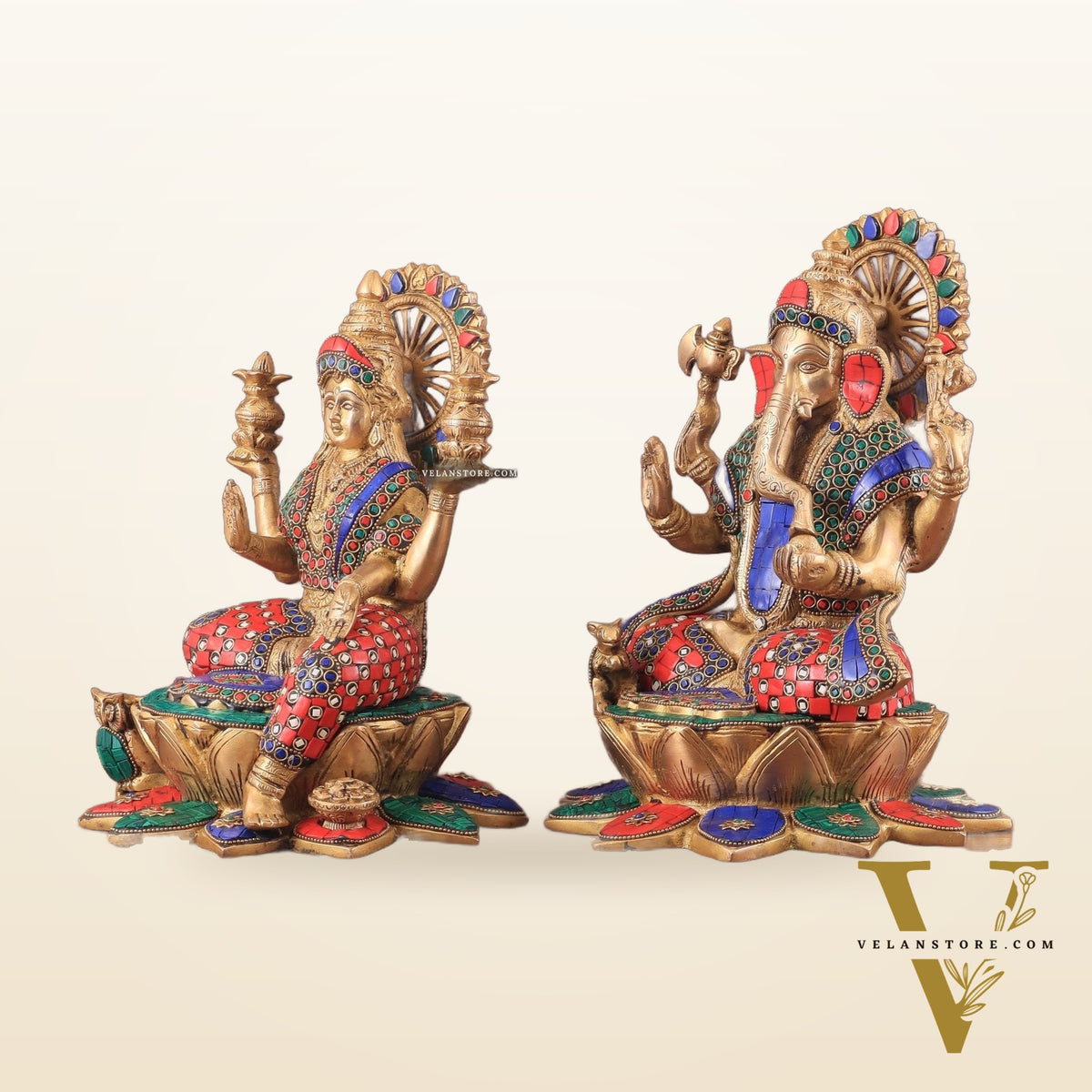 Pure Brass Ganesh Lakshmi idols Pair | 12 Inch meenakari Stonework
