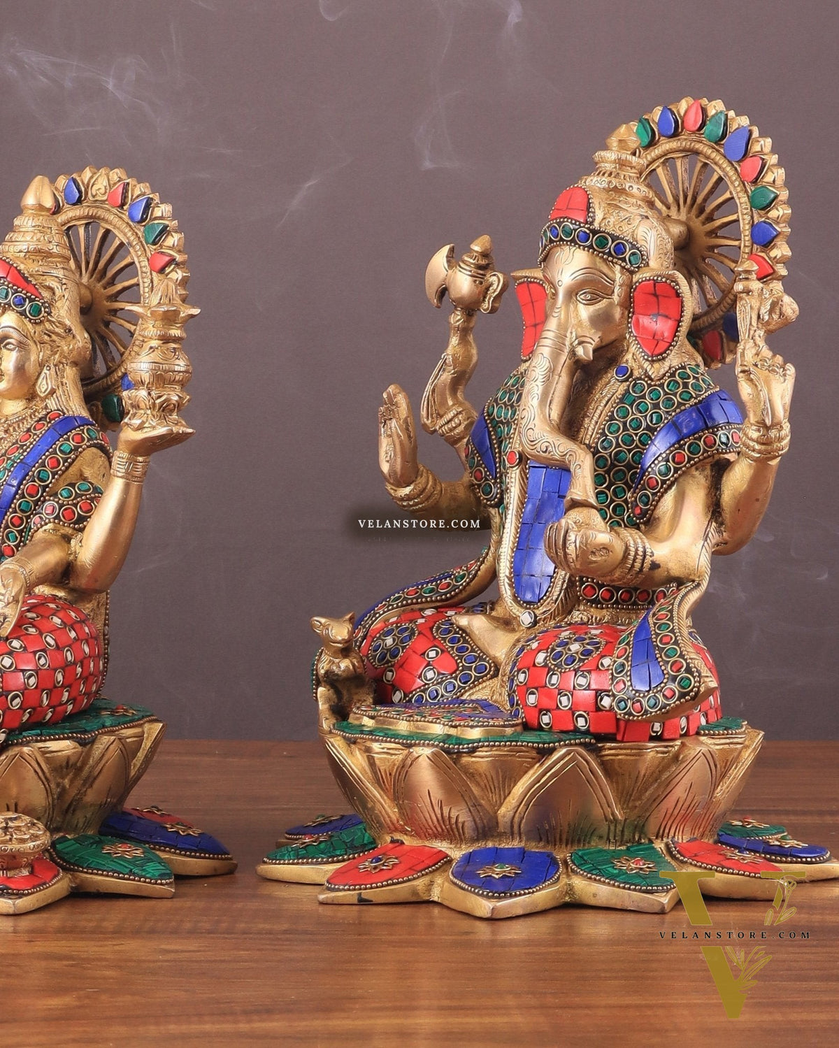 Pure Brass Ganesh Lakshmi idols Pair | 12 Inch meenakari Stonework