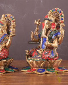 Pure Brass Ganesh Lakshmi idols Pair | 12 Inch meenakari Stonework