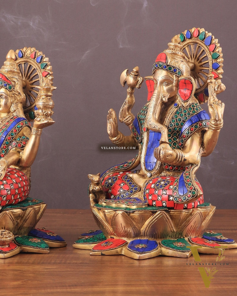 Pure Brass Ganesh Lakshmi idols Pair | 12 Inch meenakari Stonework