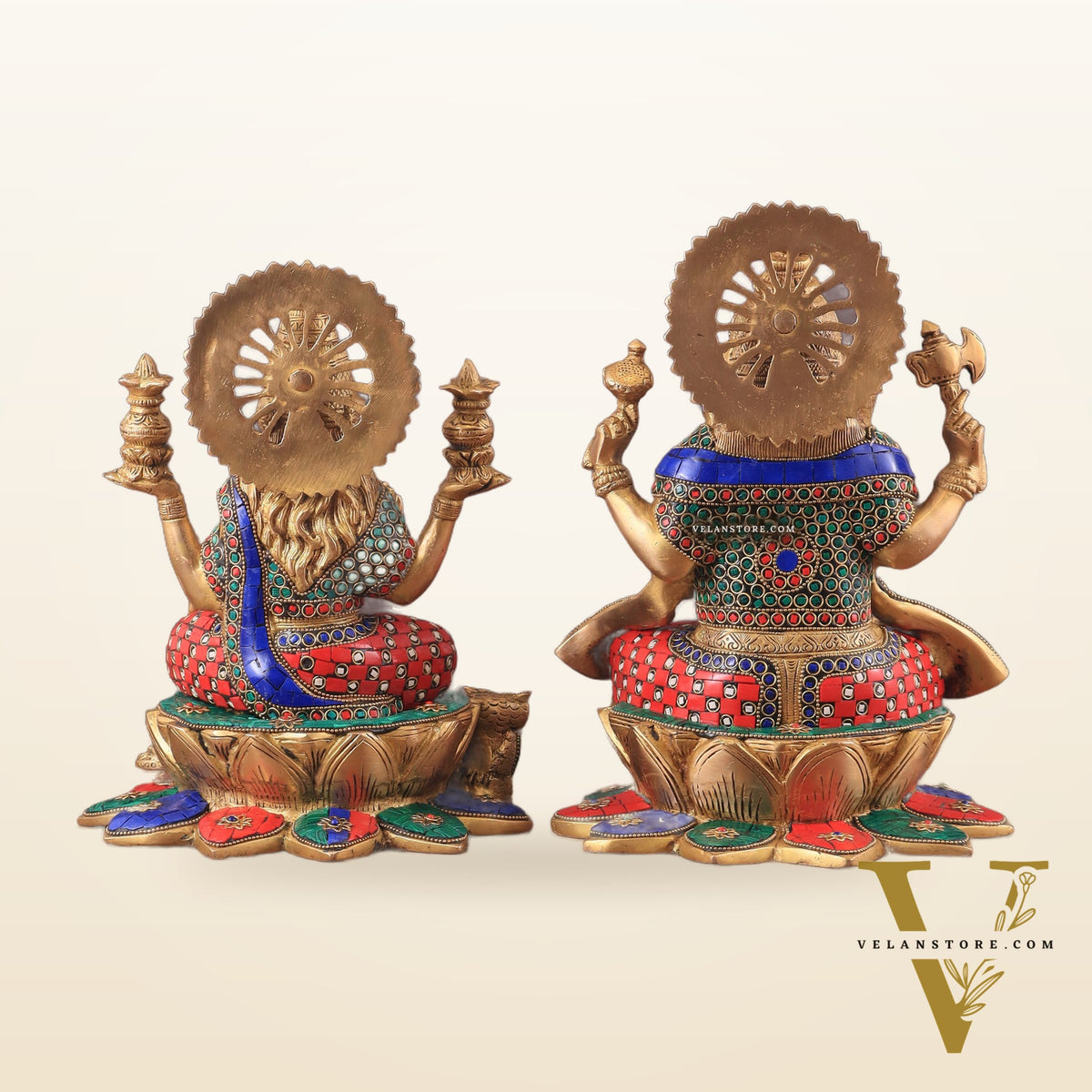 Pure Brass Ganesh Lakshmi idols Pair | 12 Inch meenakari Stonework