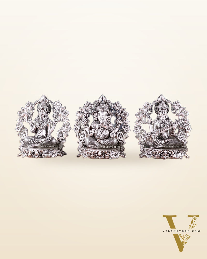Pure Brass Ganesh Lakshmi Saraswati Idol - 4 Inch silver plated