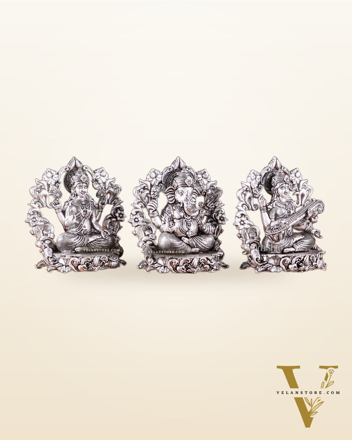 Pure Brass Ganesh Lakshmi Saraswati Idol - 4 Inch silver plated