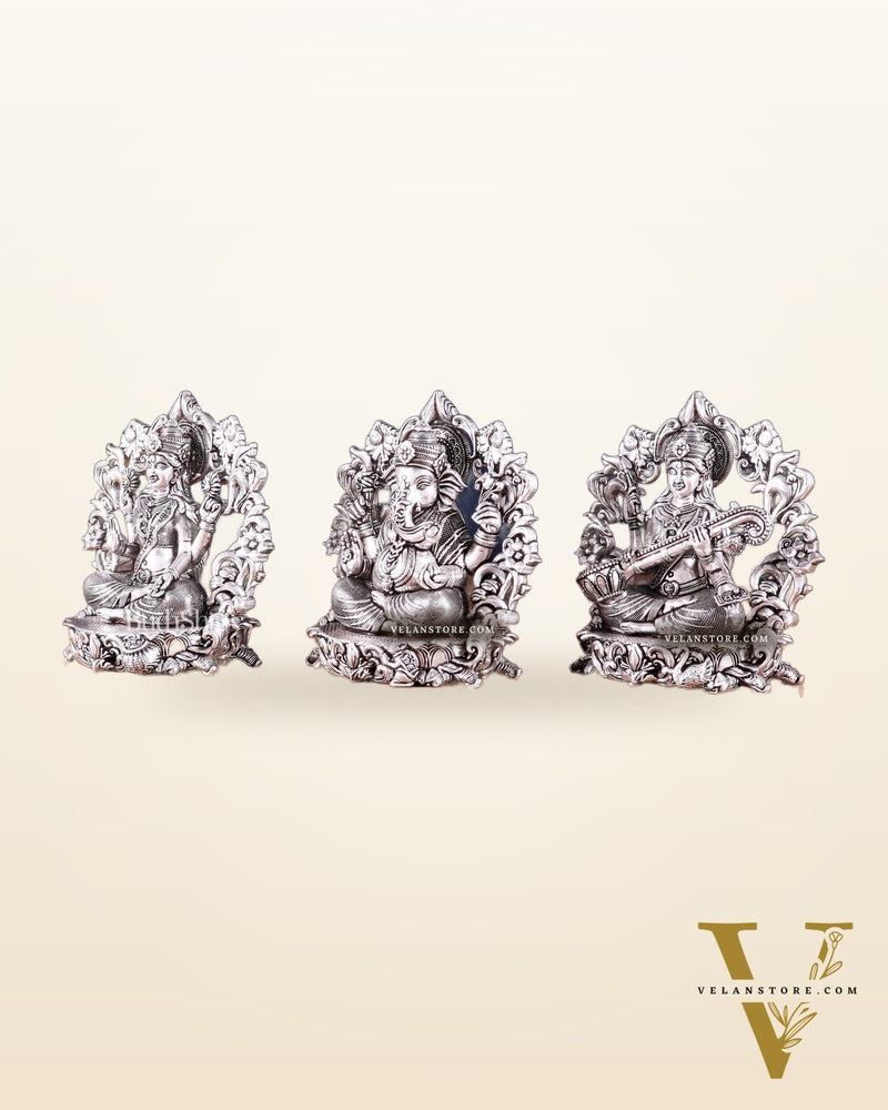 Pure Brass Ganesh Lakshmi Saraswati Idol - 4 Inch silver plated
