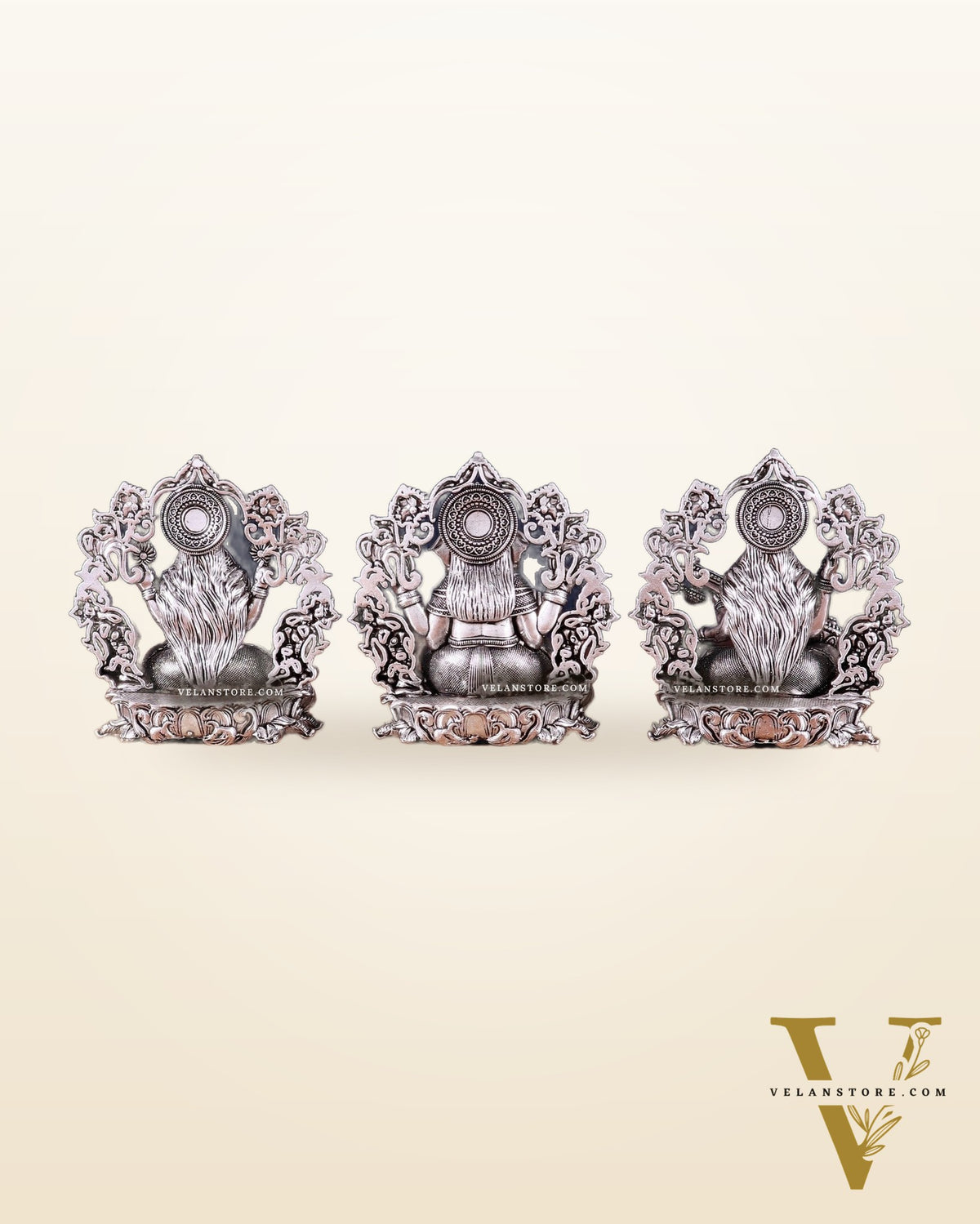 Pure Brass Ganesh Lakshmi Saraswati Idol - 4 Inch silver plated