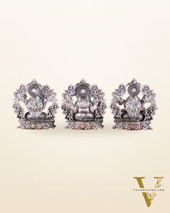 Pure Brass Ganesh Lakshmi Saraswati Idol - 4 Inch silver plated