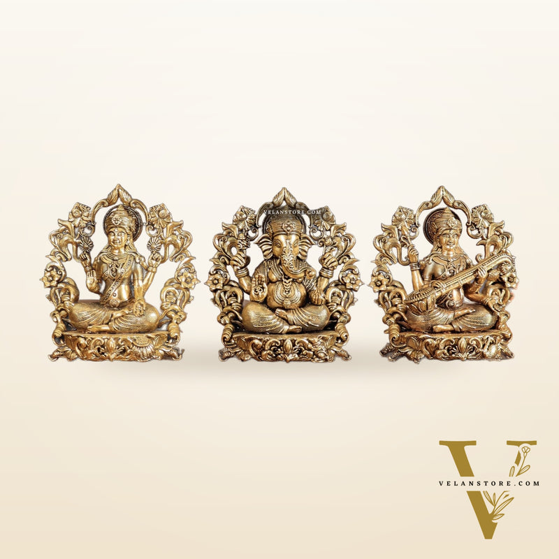 Pure Brass Ganesh Lakshmi Saraswati Idol - 4 Inch