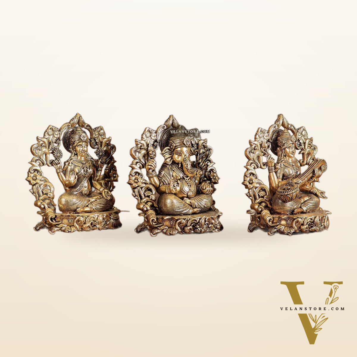 Pure Brass Ganesh Lakshmi Saraswati Idol - 4 Inch