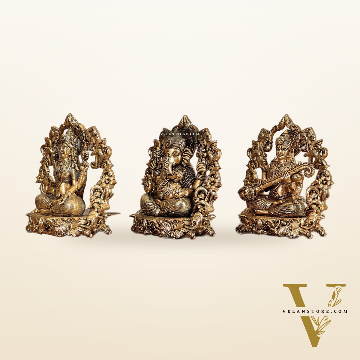 Pure Brass Ganesh Lakshmi Saraswati Idol - 4 Inch