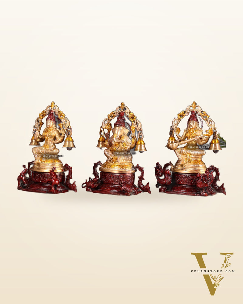 Pure Brass Ganesh Lakshmi Saraswati Idol Set 8.2 inch