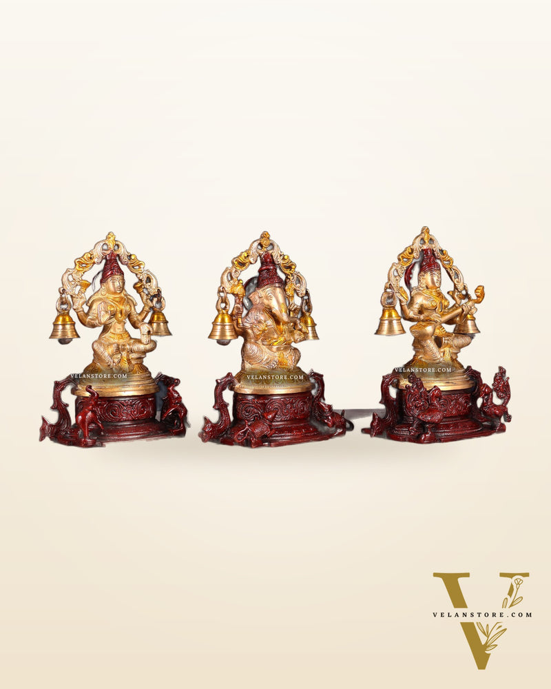 Pure Brass Ganesh Lakshmi Saraswati Idol Set 8.2 inch