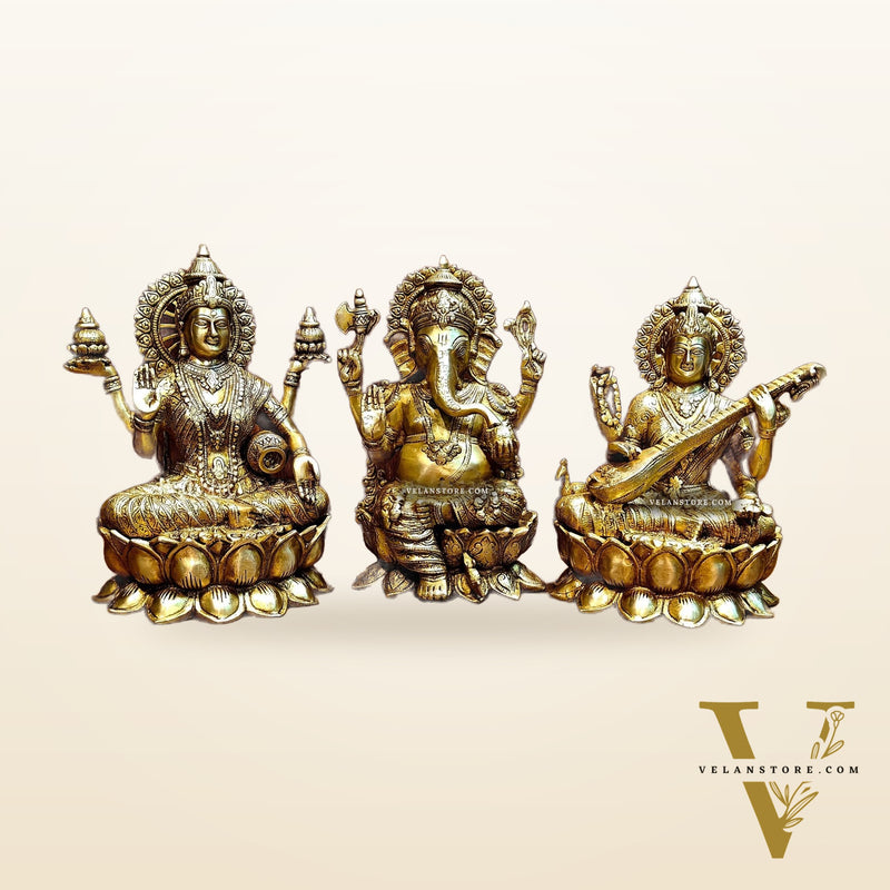 Pure Brass Ganesh Lakshmi Saraswati idols 12 inch