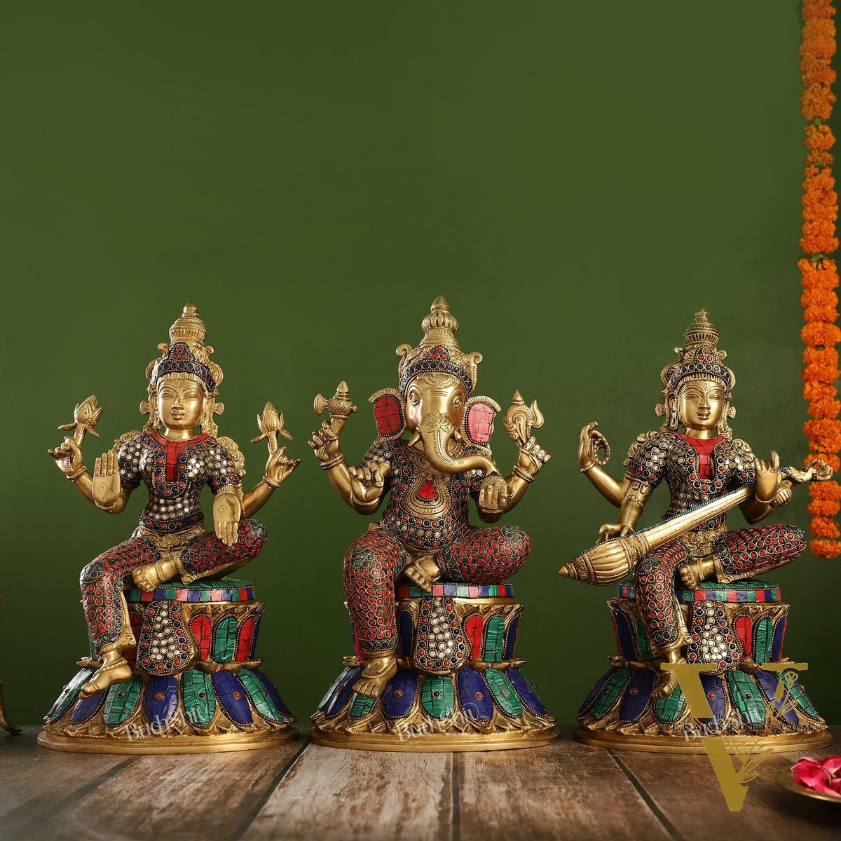 Pure Brass Ganesh lakshmi Saraswati Idols 15 inch