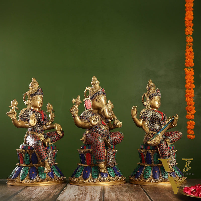 Pure Brass Ganesh lakshmi Saraswati Idols 15 inch
