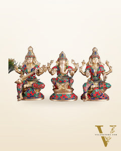 Pure Brass Ganesh Lakshmi Saraswati Idols – Floral Meenakari Stonework 8"