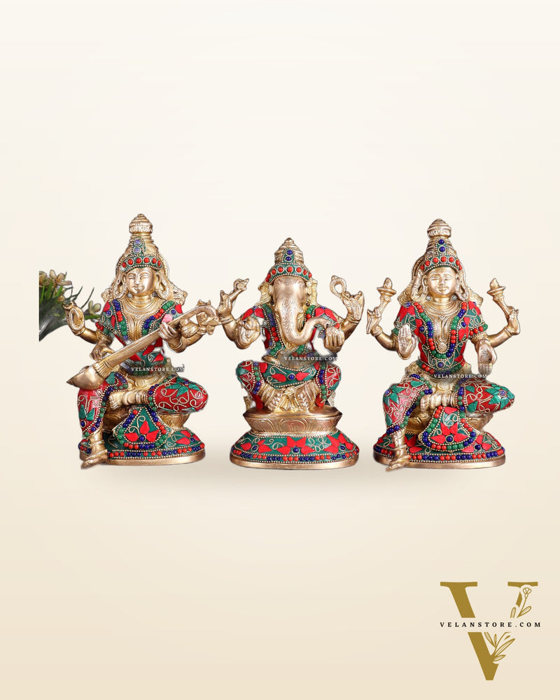 Pure Brass Ganesh Lakshmi Saraswati Idols – Floral Meenakari Stonework 8"
