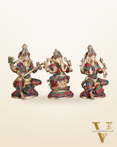 Pure Brass Ganesh Lakshmi Saraswati Idols – Floral Meenakari Stonework 8"