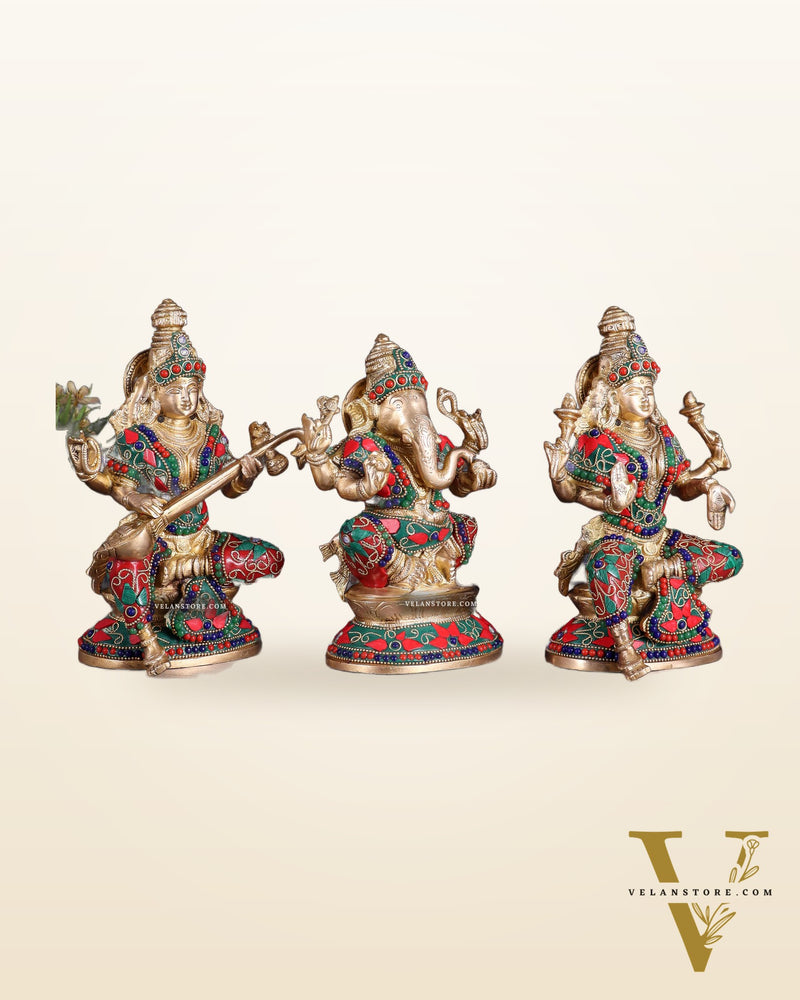 Pure Brass Ganesh Lakshmi Saraswati Idols – Floral Meenakari Stonework 8"