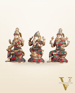 Pure Brass Ganesh Lakshmi Saraswati Idols – Floral Meenakari Stonework 8"