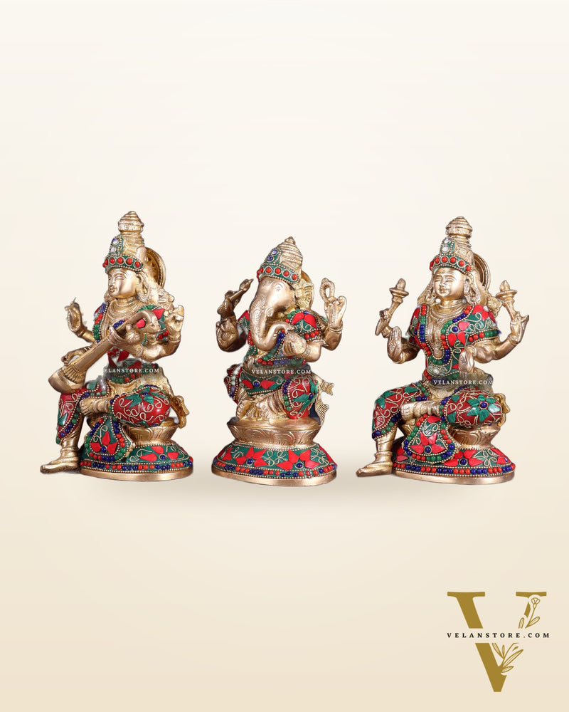 Pure Brass Ganesh Lakshmi Saraswati Idols – Floral Meenakari Stonework 8"