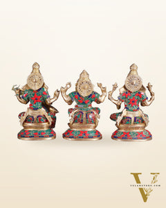 Pure Brass Ganesh Lakshmi Saraswati Idols – Floral Meenakari Stonework 8"