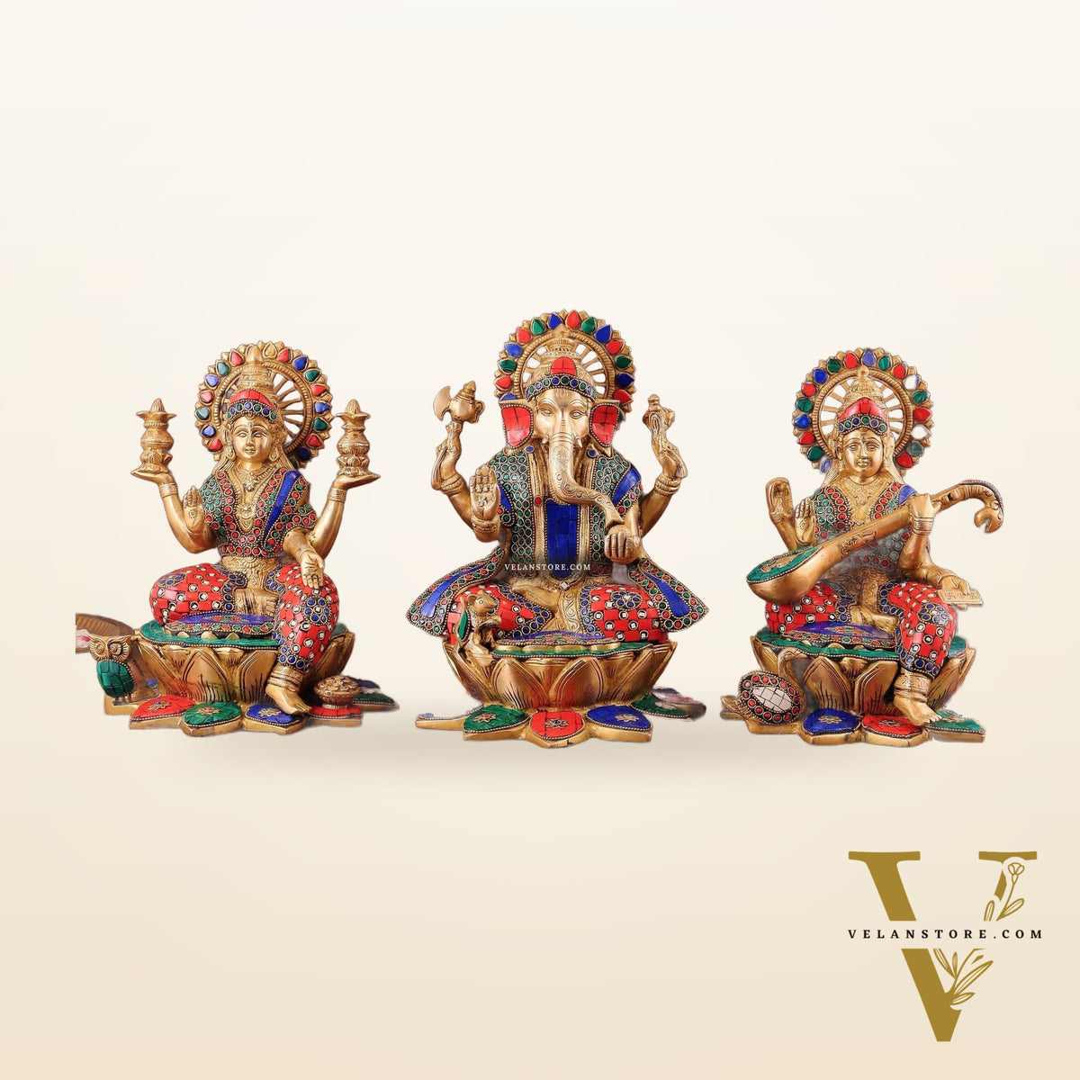 Pure Brass Ganesh Lakshmi Saraswati idols Set - 12" meenakari idols