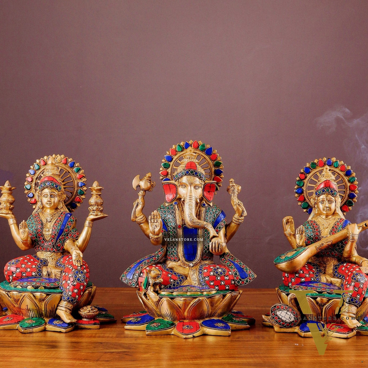 Pure Brass Ganesh Lakshmi Saraswati idols Set - 12" meenakari idols