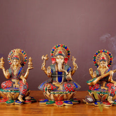 Pure Brass Ganesh Lakshmi Saraswati idols Set - 12" meenakari idols