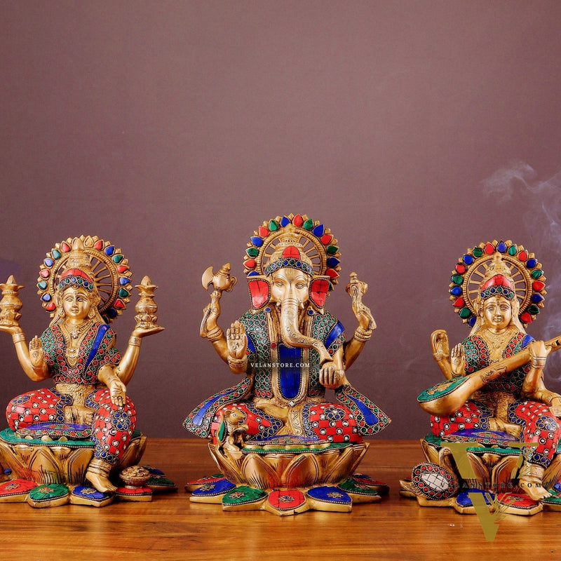 Pure Brass Ganesh Lakshmi Saraswati idols Set - 12" meenakari idols