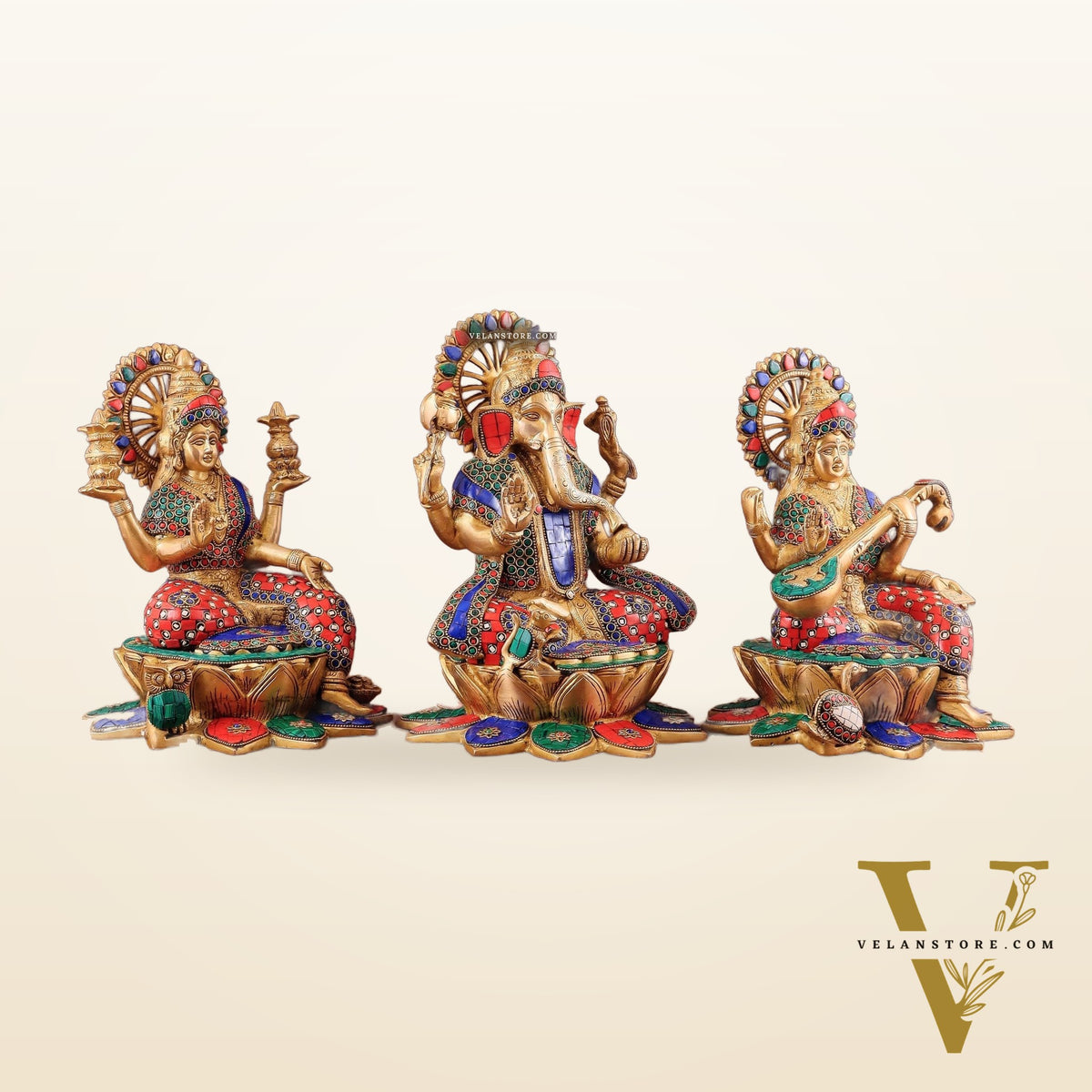 Pure Brass Ganesh Lakshmi Saraswati idols Set - 12" meenakari idols