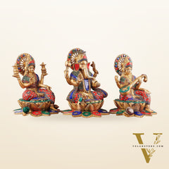 Pure Brass Ganesh Lakshmi Saraswati idols Set - 12" meenakari idols