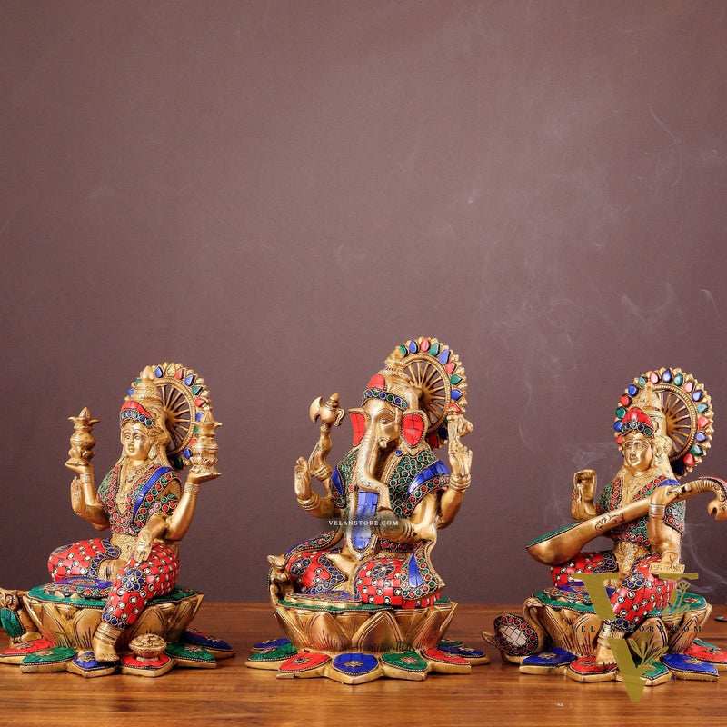 Pure Brass Ganesh Lakshmi Saraswati idols Set - 12" meenakari idols