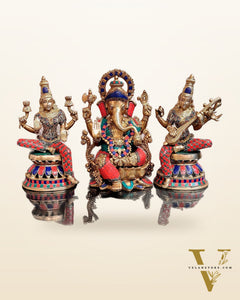 Pure Brass Ganesh, lakshmi Saraswati idols with meenakari 12 inch