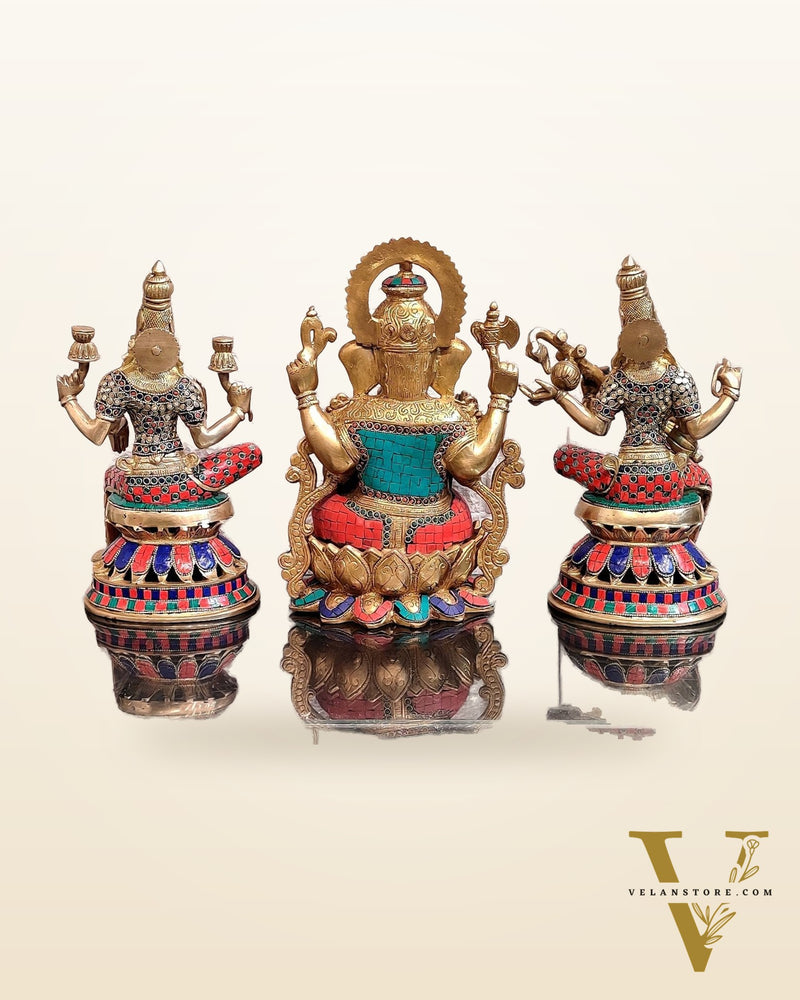 Pure Brass Ganesh, lakshmi Saraswati idols with meenakari 12 inch